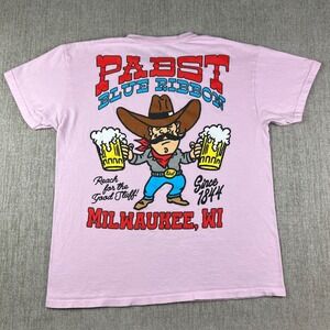 Pabst Blue Ribbon Beer Cowboy Graphic T Shirt Men's Large Pink Bar Tee Cartoon